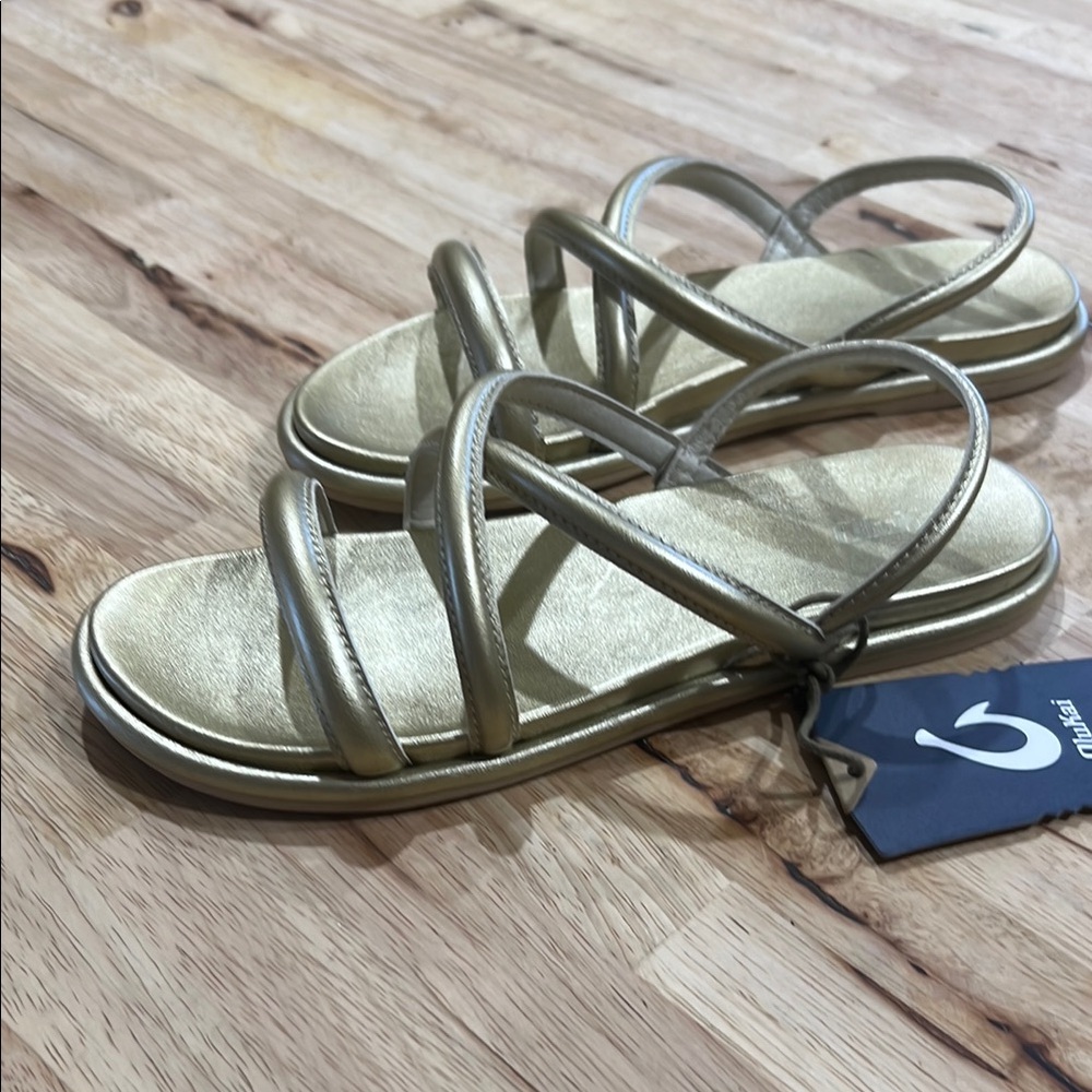 OluKai Metallic Gold Strappy Slide Sandals